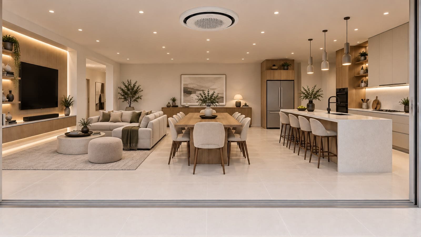 Open-plan kitchen, dining, and living room