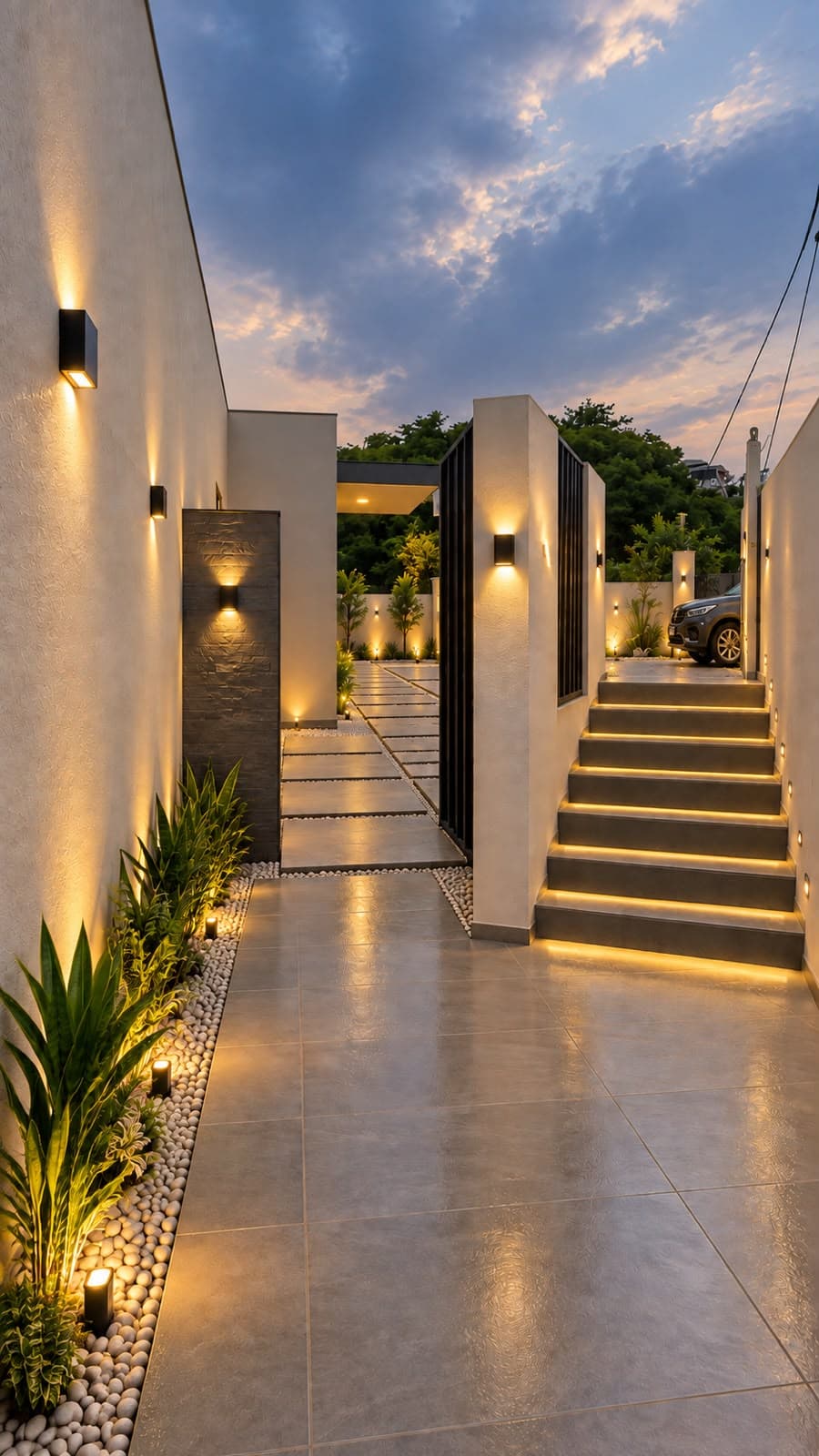 Landscaped guest entrance and parking area at dusk